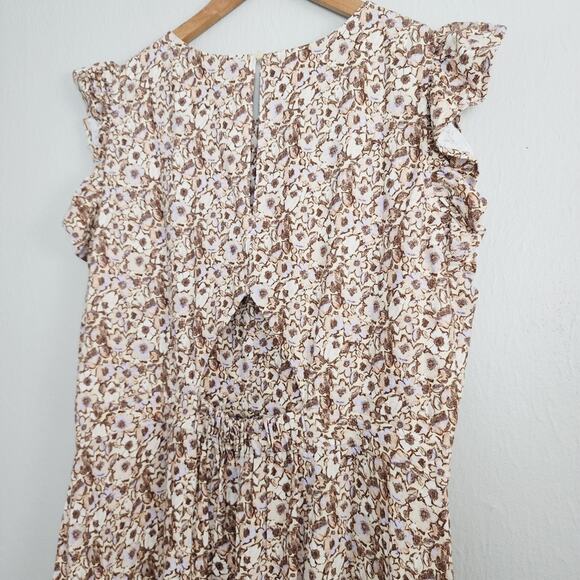 NEW Treasure & Bond Floral Flutter Sleeve Linen Blend Midi Dress Beige - Picture 10 of 11